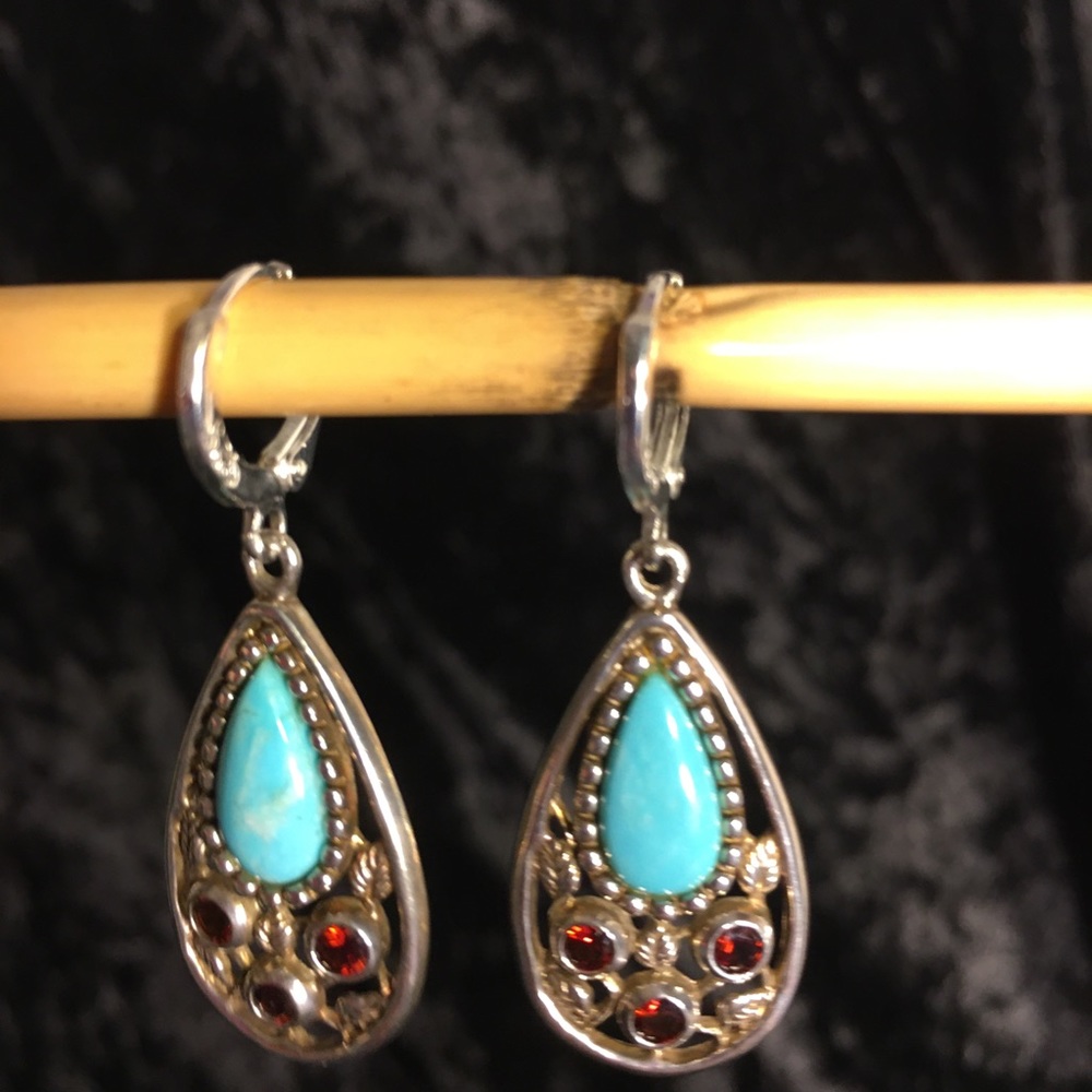 Carolyn Pollick sterling silver garnet and turquoise dangling earrings